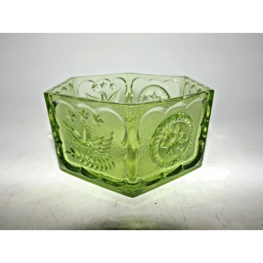 Indiana Glass Stars & Eagles Green Glass Hexagon Trinket Box Dish - NO LID